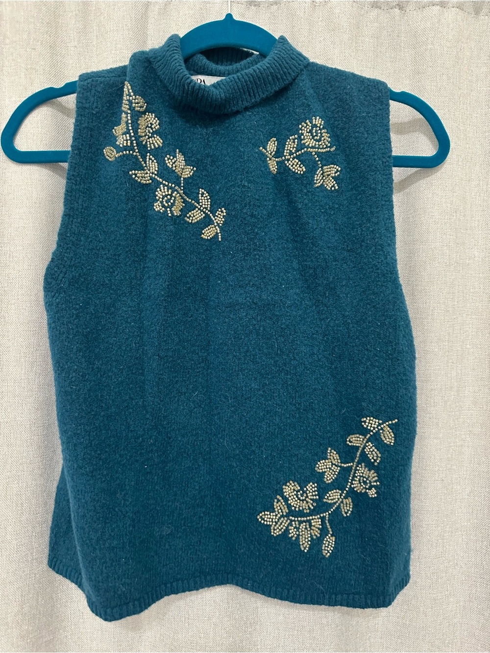 Zara teal turtleneck sweater tank with gold beaded floral design size medium